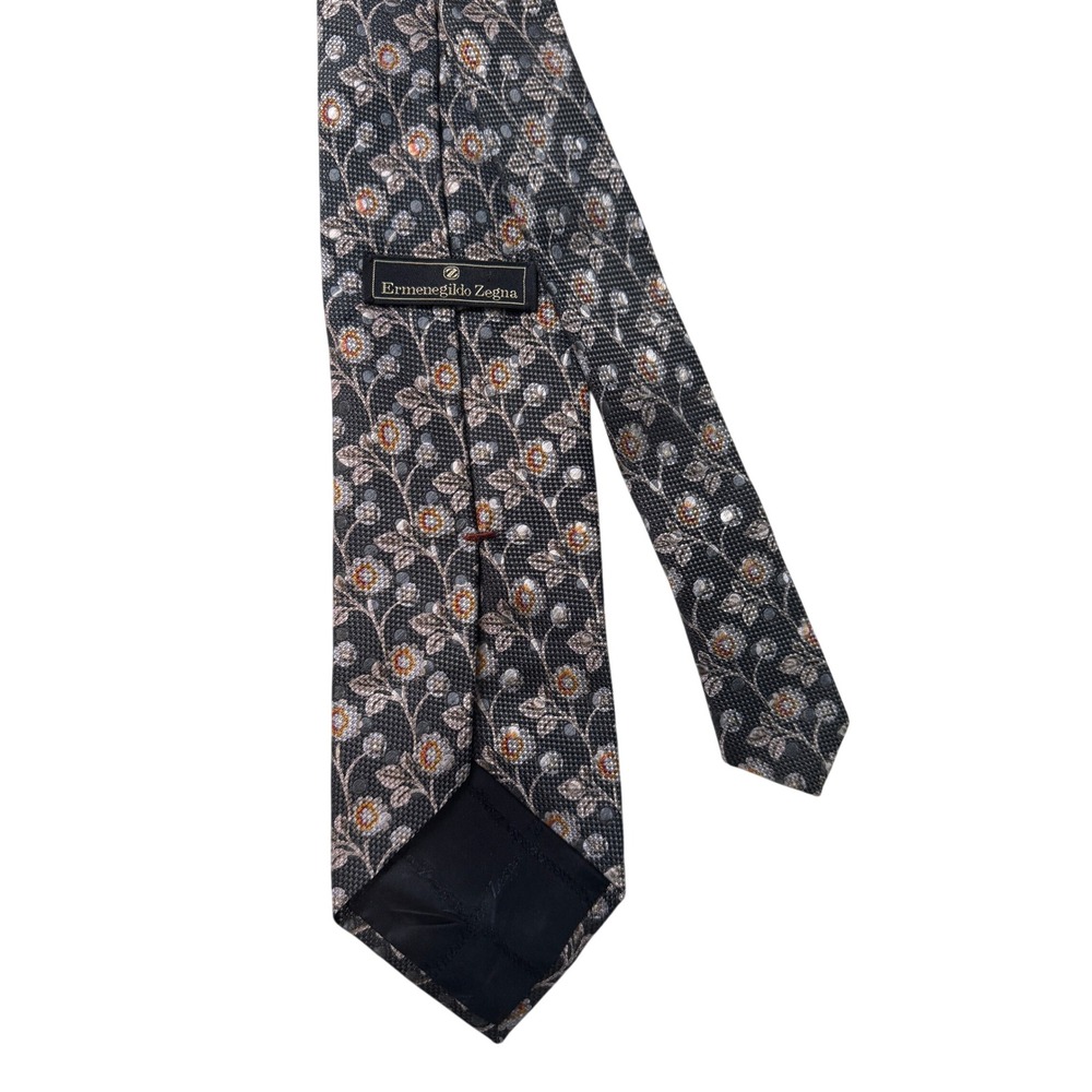 Ermenegildo Zegna Silk Tie Charcoal Grey Silver Floral Vine Pattern Made n Italy